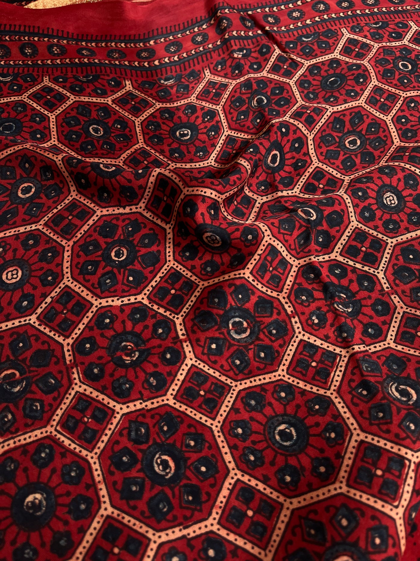 SAPNA: Handblock Modal Silk Tissue Ajrakh Saree