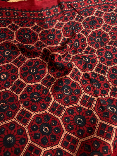 SAPNA: Handblock Modal Silk Tissue Ajrakh Saree