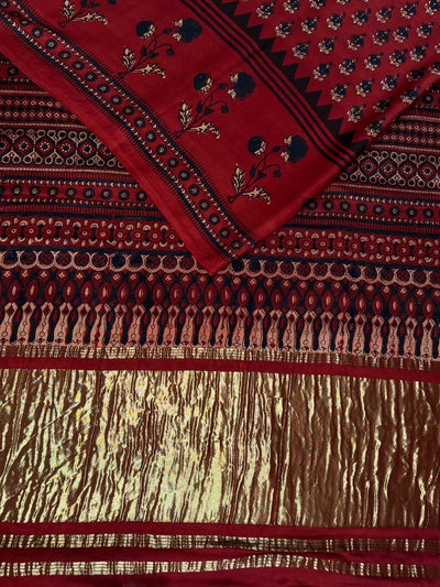 SAPNA: Handblock Modal Silk Tissue Ajrakh Saree