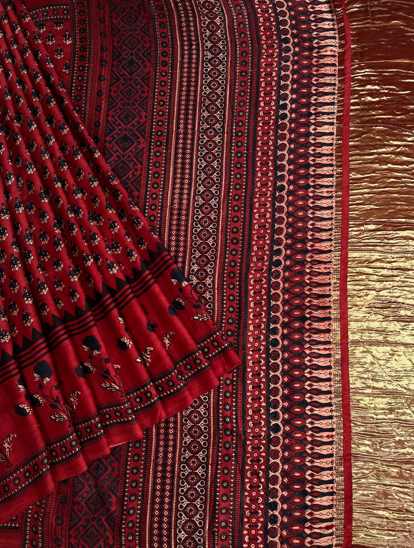 SAPNA: Handblock Modal Silk Tissue Ajrakh Saree