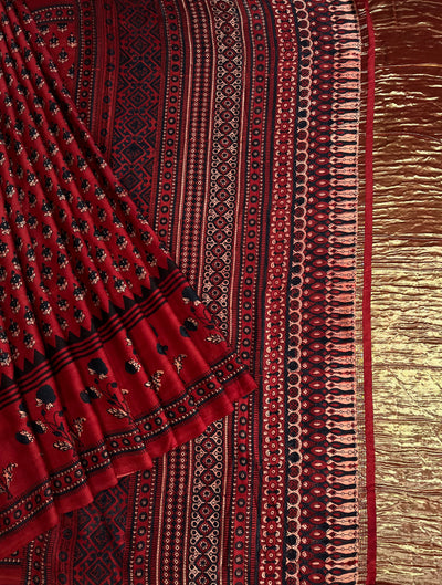 SAPNA: Handblock Modal Silk Tissue Ajrakh Saree
