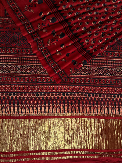 SAPNA: Handblock Modal Silk Tissue Ajrakh Saree