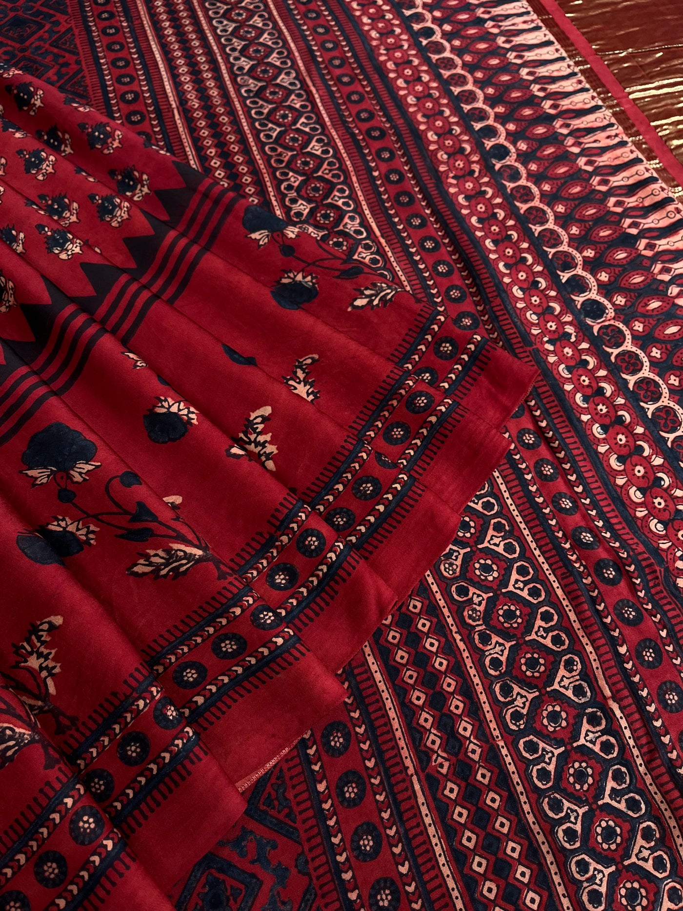 SAPNA: Handblock Modal Silk Tissue Ajrakh Saree