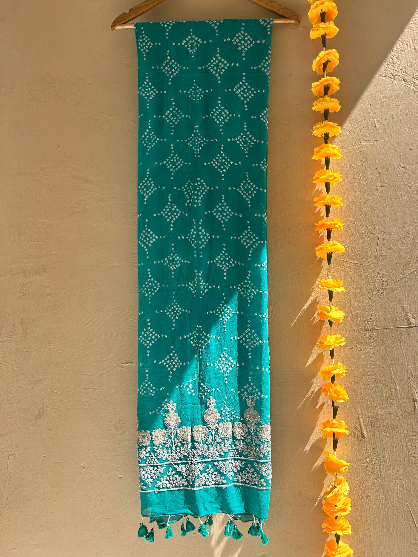 MANJARI: HANDMADE BANDHANI GEORGETTE DUPATTA WITH THREAD WORK.