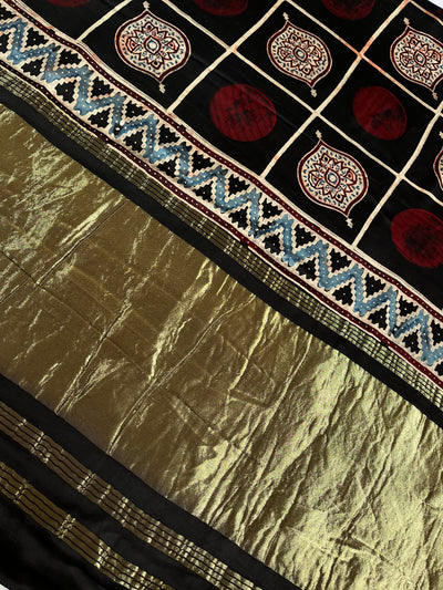 TANYA: Handblock Modal Silk Tissue Ajrakh Saree