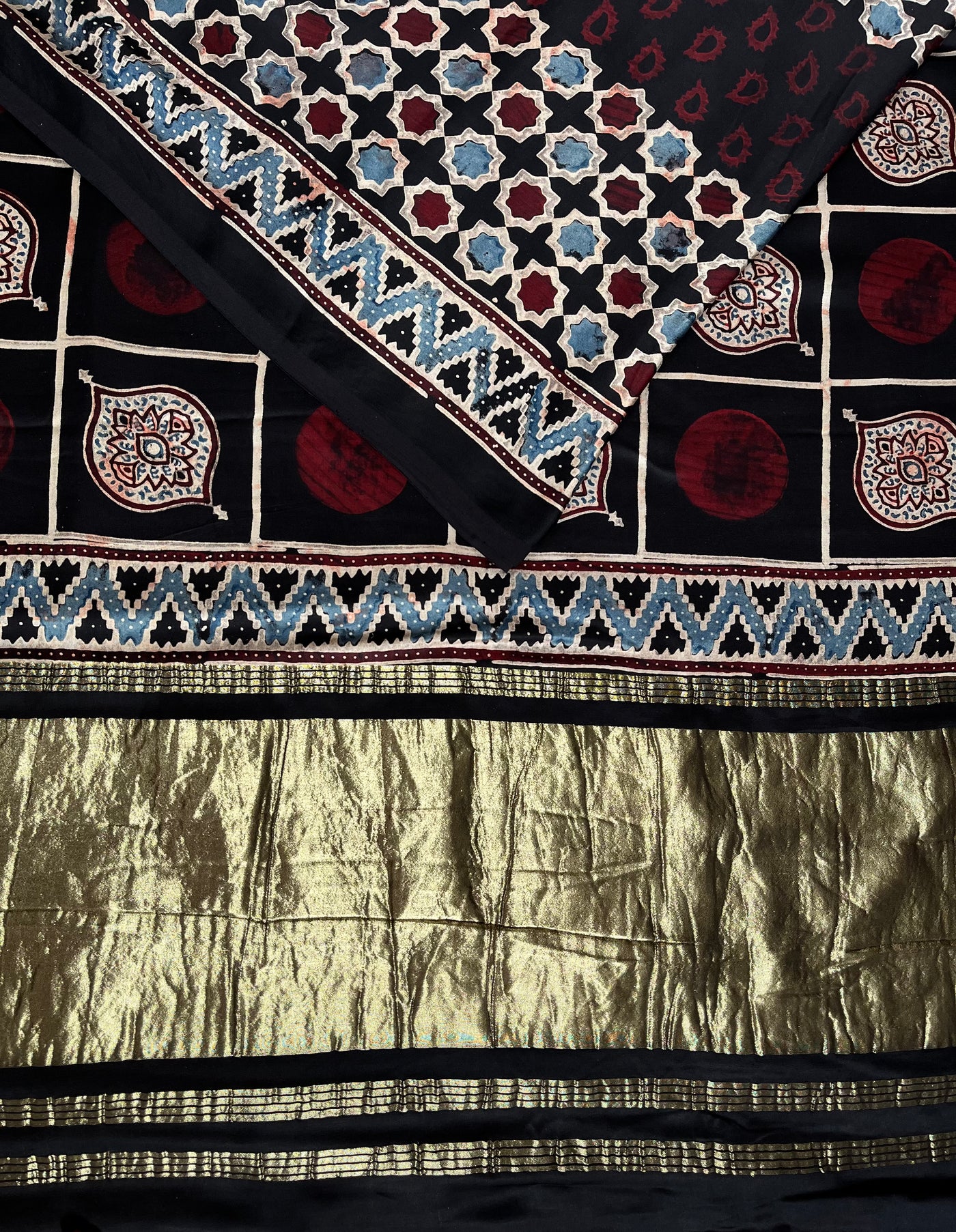 TANYA: Handblock Modal Silk Tissue Ajrakh Saree