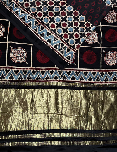 TANYA: Handblock Modal Silk Tissue Ajrakh Saree