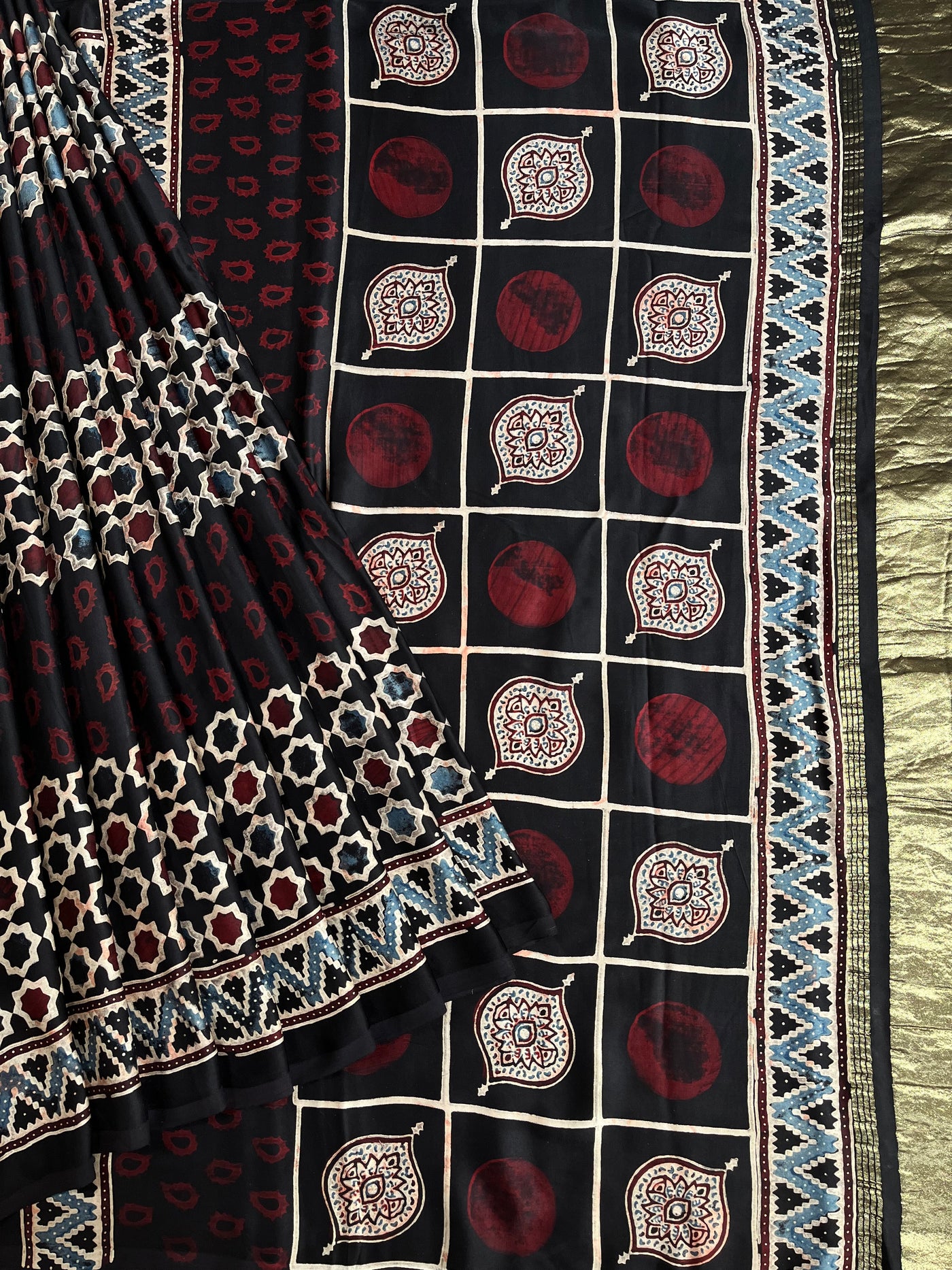 TANYA: Handblock Modal Silk Tissue Ajrakh Saree