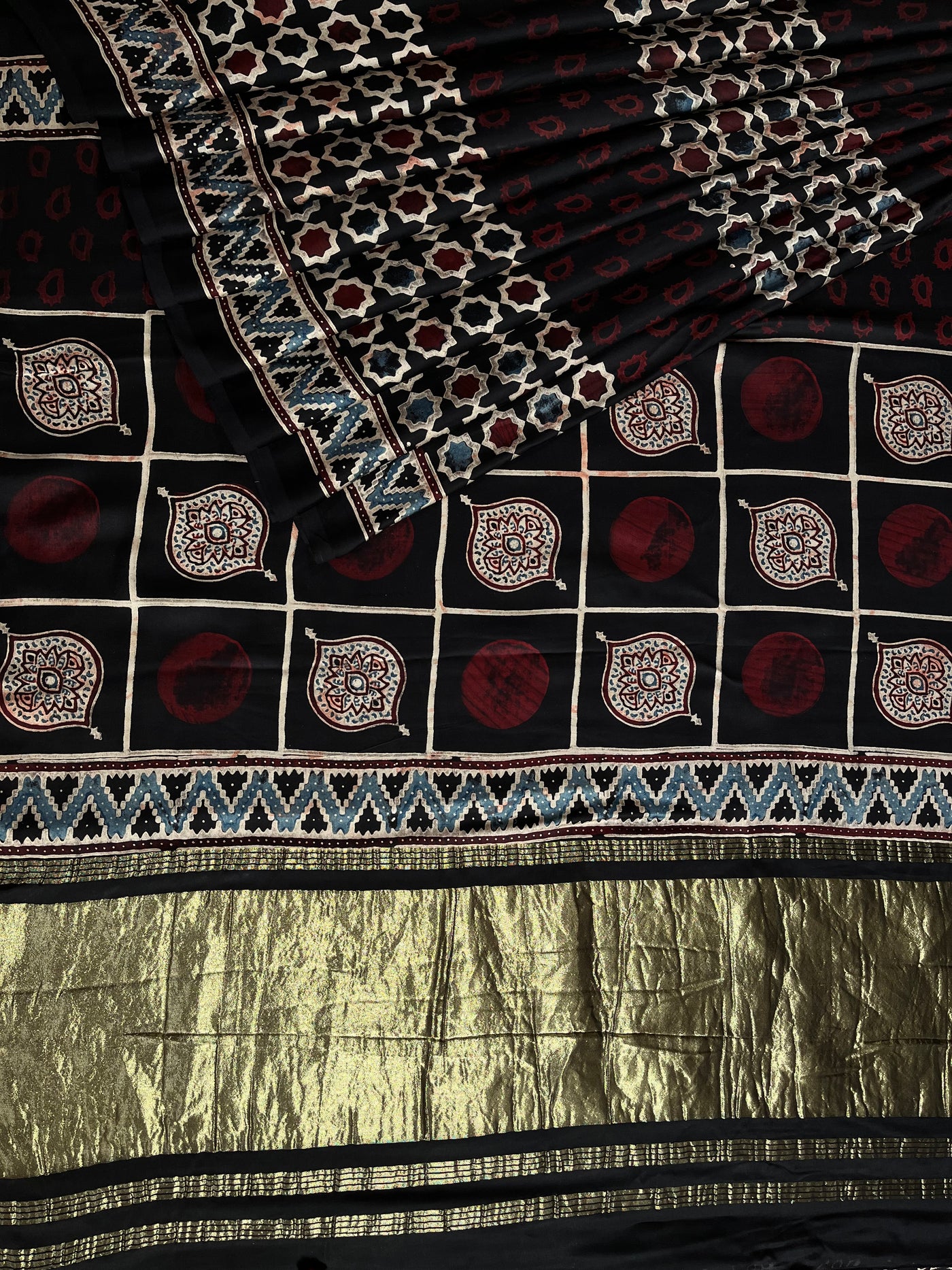 TANYA: Handblock Modal Silk Tissue Ajrakh Saree