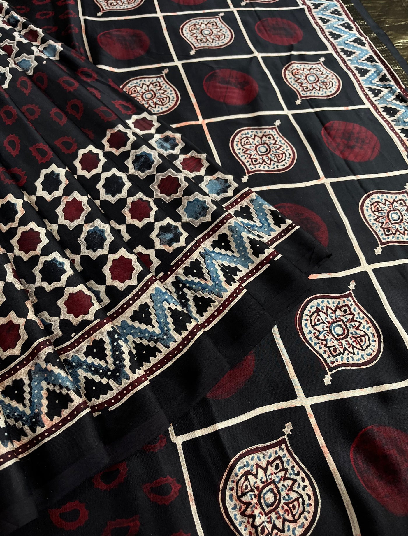 TANYA: Handblock Modal Silk Tissue Ajrakh Saree