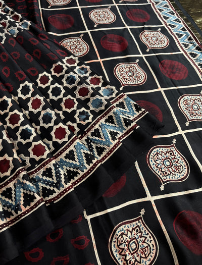 TANYA: Handblock Modal Silk Tissue Ajrakh Saree