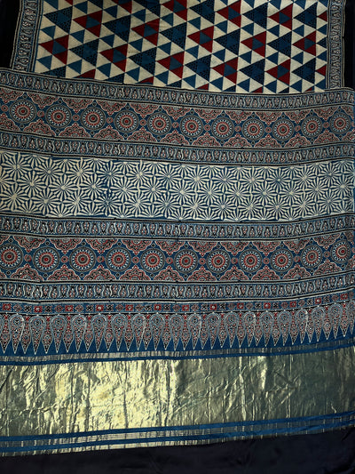 SHIKHA: Handblock Modal Silk Tissue Ajrakh Saree