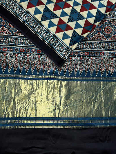 SHIKHA: Handblock Modal Silk Tissue Ajrakh Saree