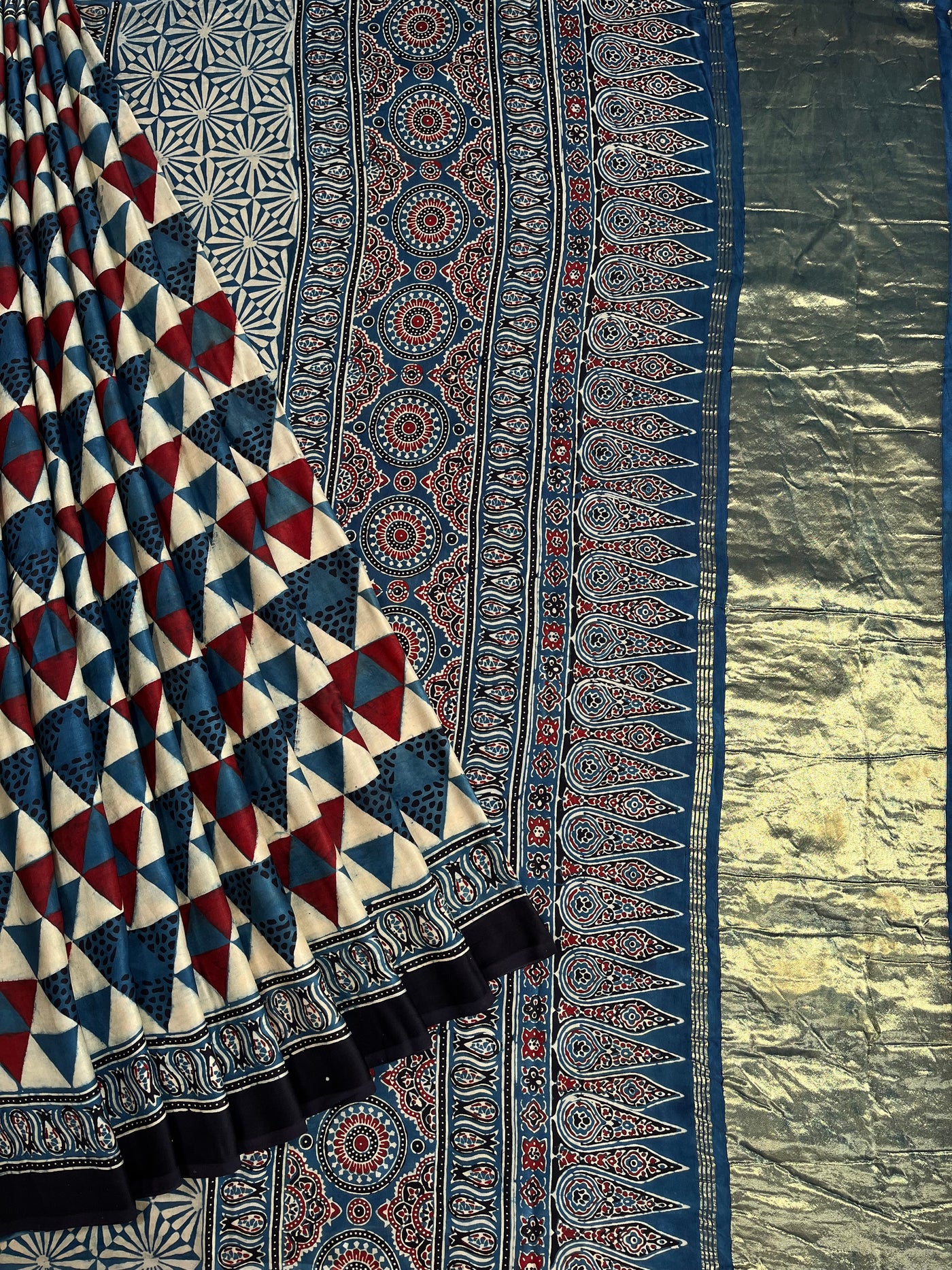 SHIKHA: Handblock Modal Silk Tissue Ajrakh Saree