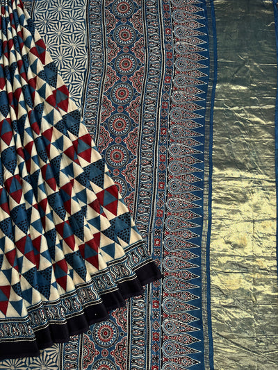 SHIKHA: Handblock Modal Silk Tissue Ajrakh Saree