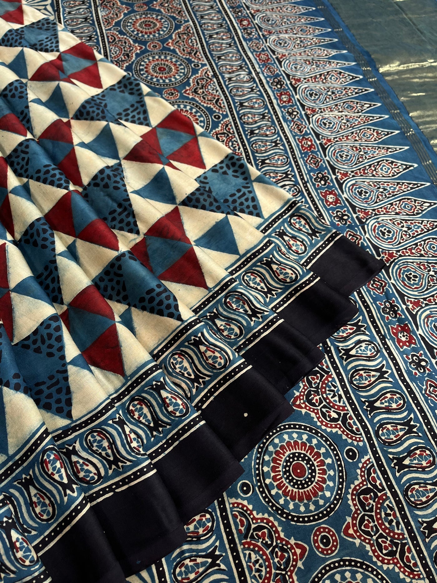 SHIKHA: Handblock Modal Silk Tissue Ajrakh Saree