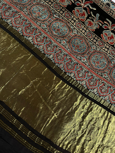 PRAGYA: Handblock Modal Silk Tissue Ajrakh Saree