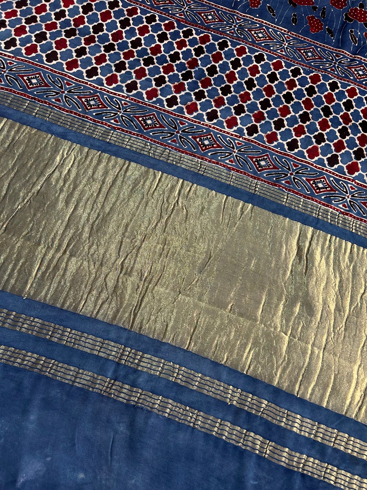 APSARA: Handblock Modal Silk Tissue Ajrakh Saree