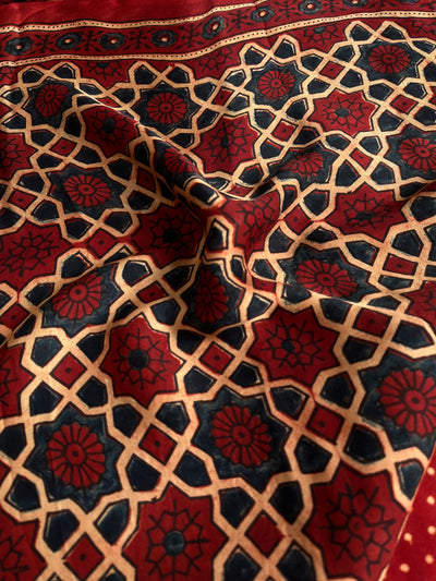 KANIKA: Handblock Modal Silk Tissue Ajrakh Saree
