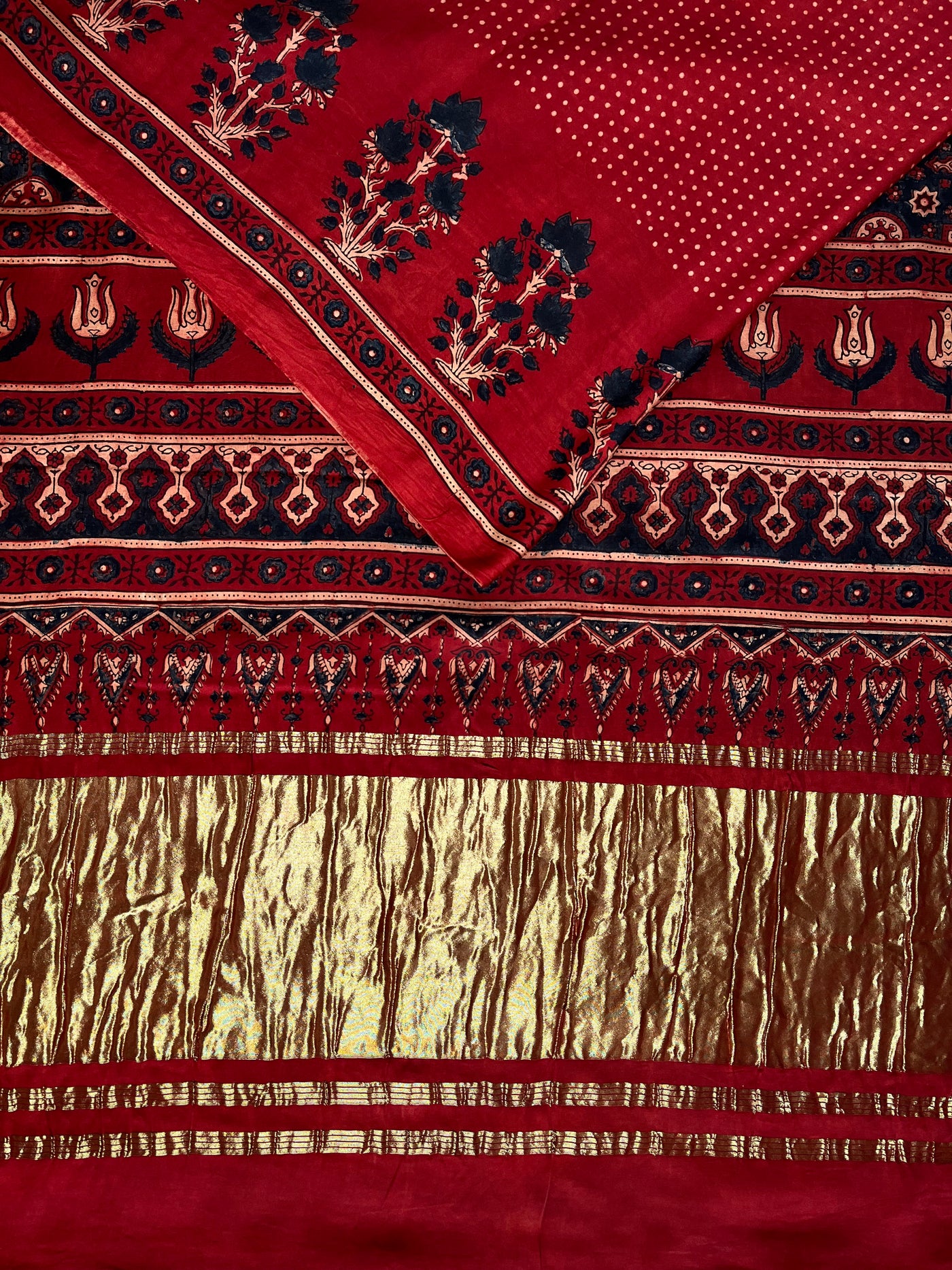 KANIKA: Handblock Modal Silk Tissue Ajrakh Saree