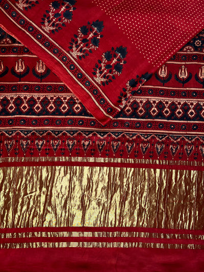 KANIKA: Handblock Modal Silk Tissue Ajrakh Saree