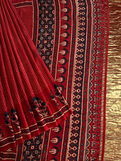 KANIKA: Handblock Modal Silk Tissue Ajrakh Saree