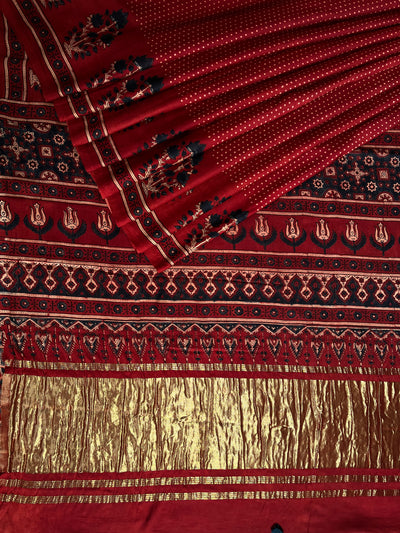 KANIKA: Handblock Modal Silk Tissue Ajrakh Saree