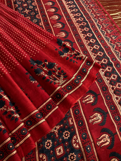 KANIKA: Handblock Modal Silk Tissue Ajrakh Saree