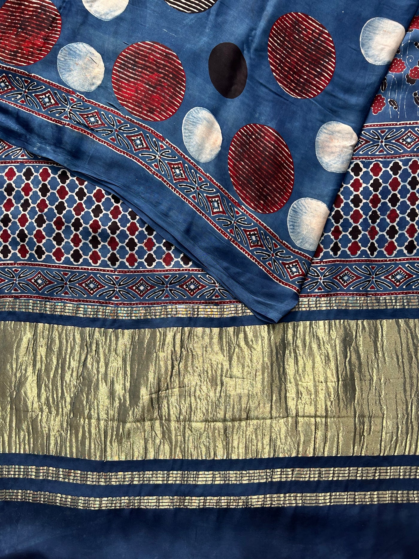 APSARA: Handblock Modal Silk Tissue Ajrakh Saree