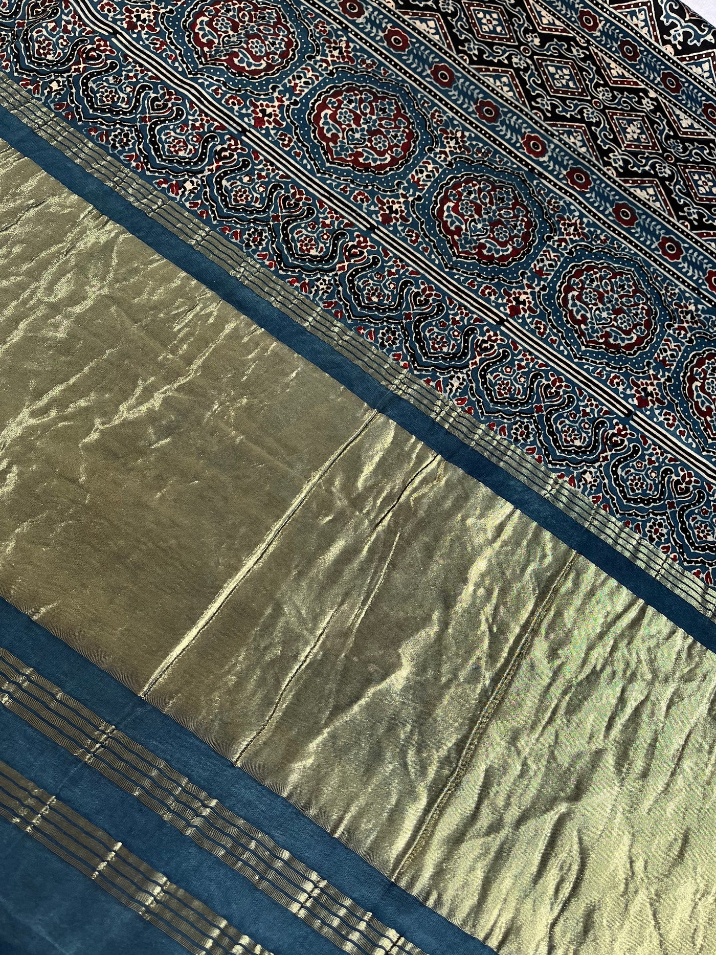 DHAWANI: Handblock Modal Silk Tissue Ajrakh Saree
