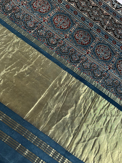 DHAWANI: Handblock Modal Silk Tissue Ajrakh Saree