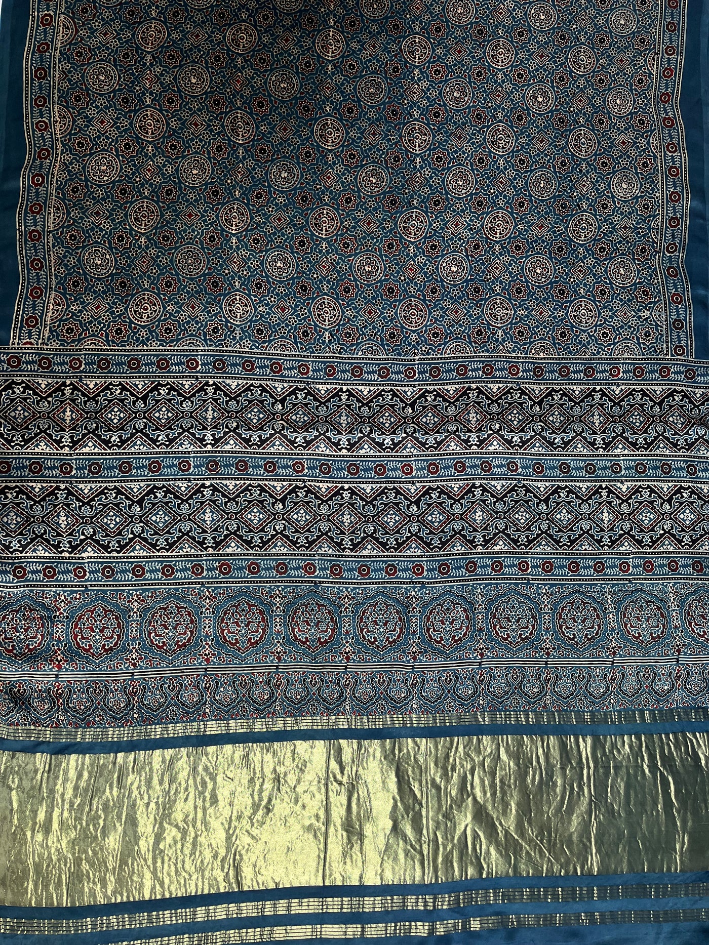 DHAWANI: Handblock Modal Silk Tissue Ajrakh Saree