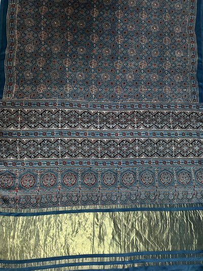 DHAWANI: Handblock Modal Silk Tissue Ajrakh Saree