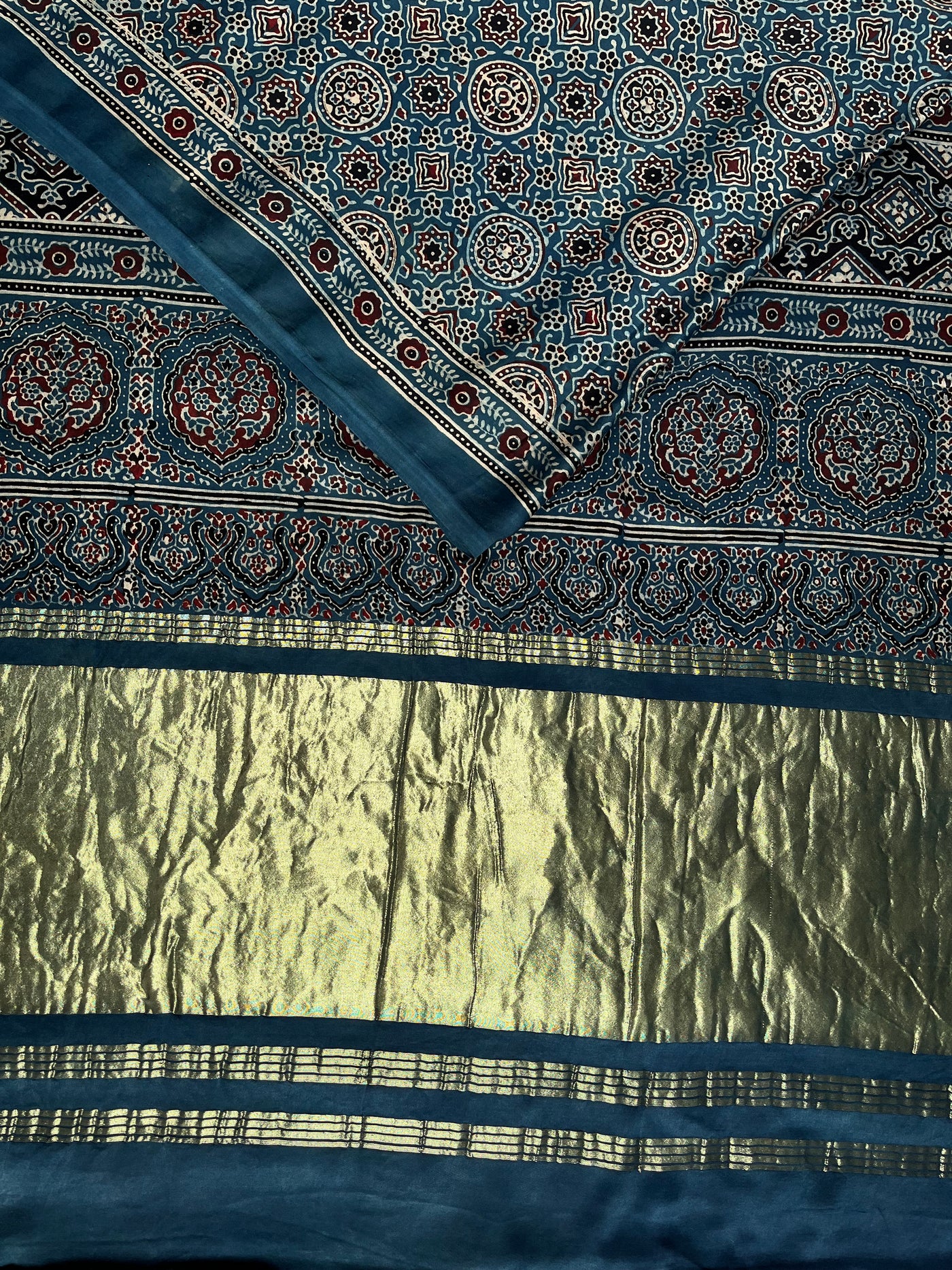 DHAWANI: Handblock Modal Silk Tissue Ajrakh Saree