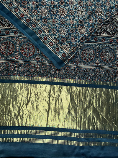 DHAWANI: Handblock Modal Silk Tissue Ajrakh Saree