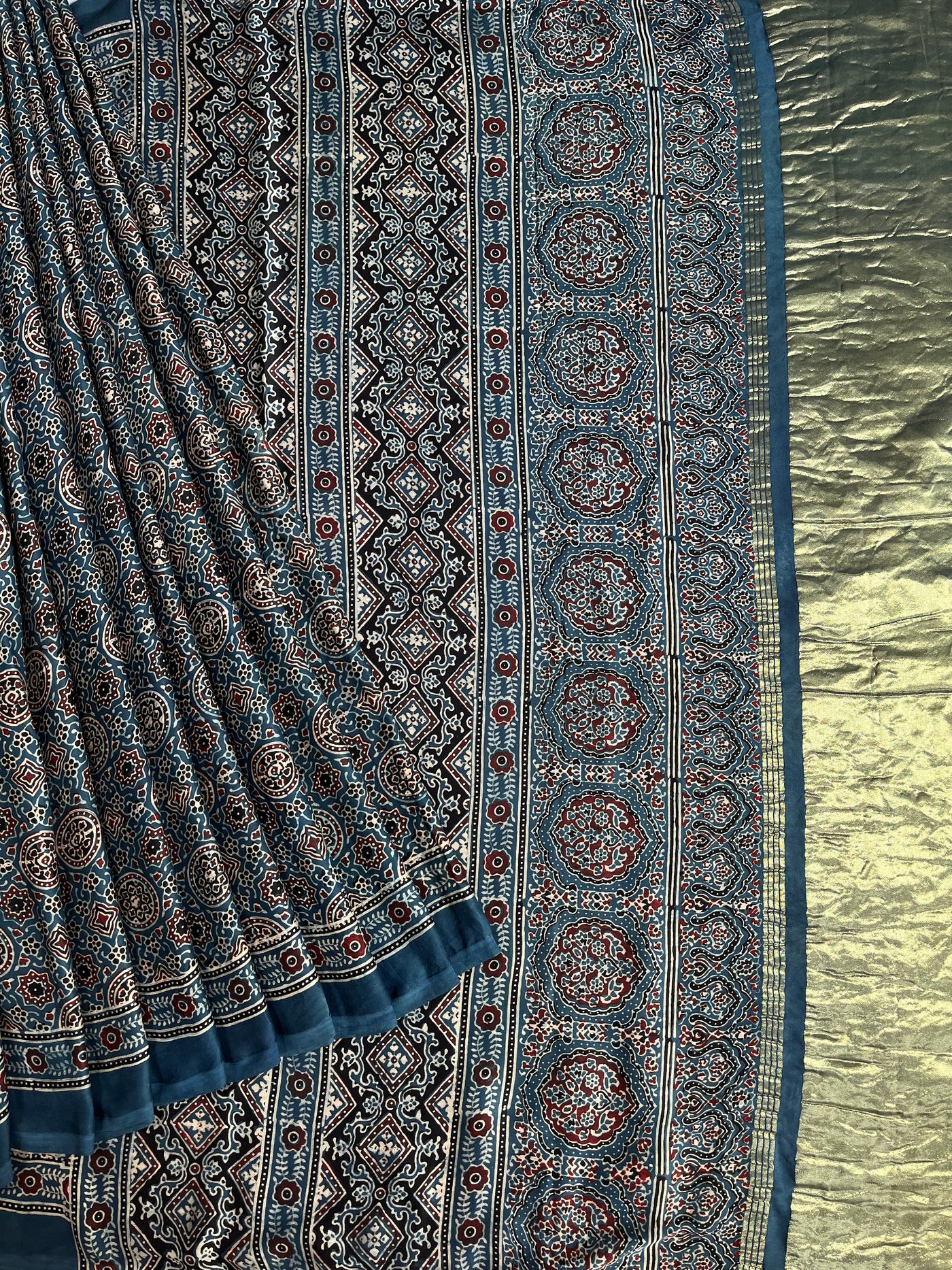 DHAWANI: Handblock Modal Silk Tissue Ajrakh Saree