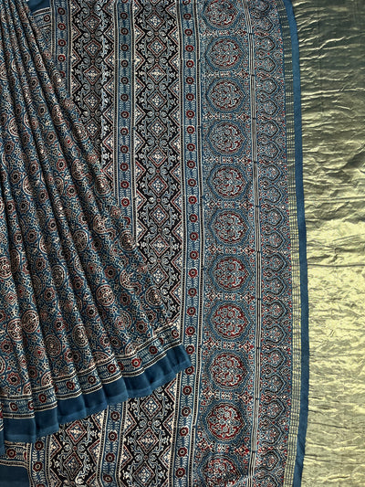 DHAWANI: Handblock Modal Silk Tissue Ajrakh Saree