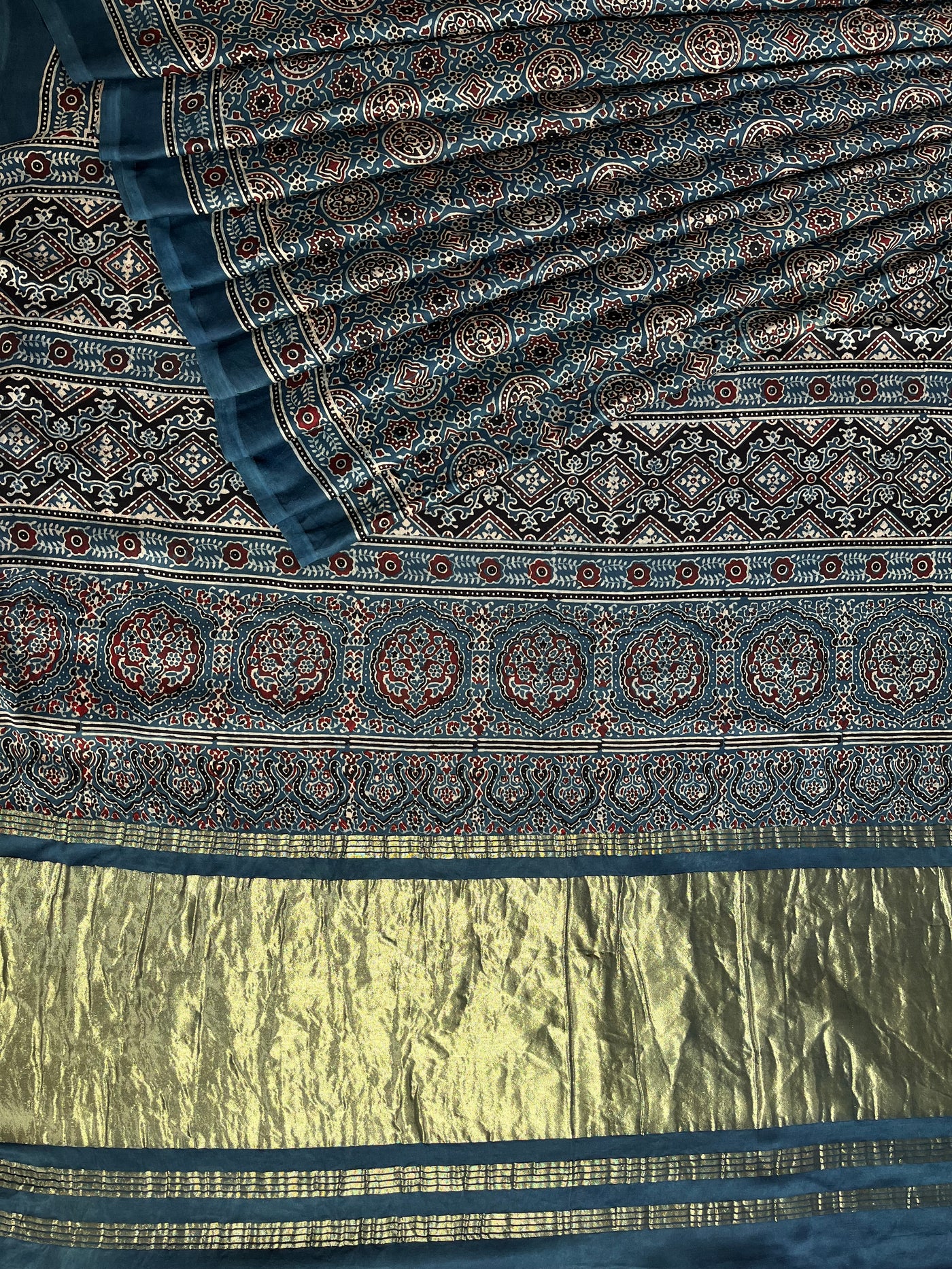 DHAWANI: Handblock Modal Silk Tissue Ajrakh Saree