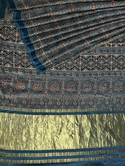 DHAWANI: Handblock Modal Silk Tissue Ajrakh Saree