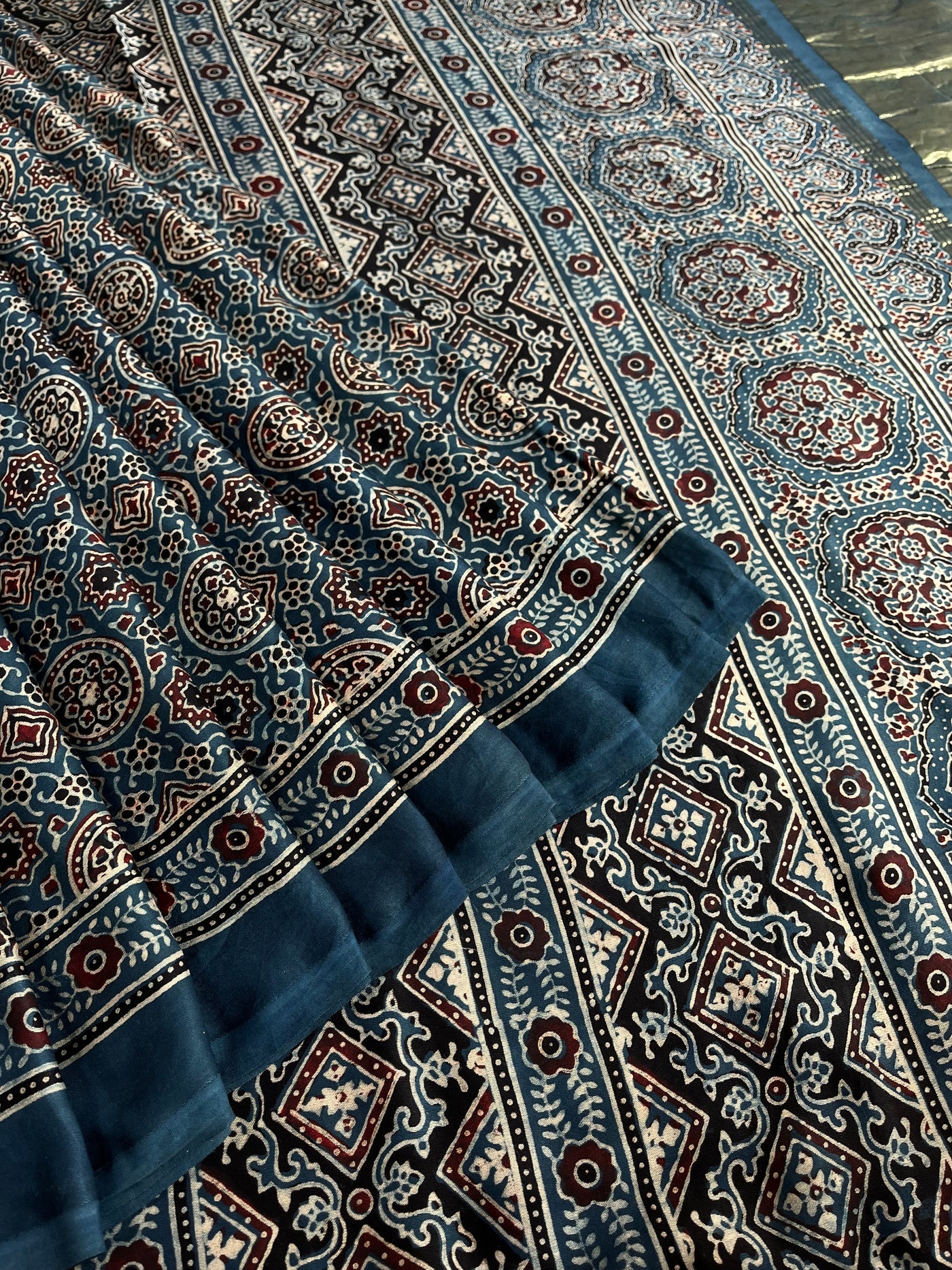 DHAWANI: Handblock Modal Silk Tissue Ajrakh Saree