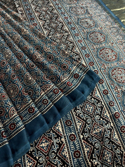 DHAWANI: Handblock Modal Silk Tissue Ajrakh Saree