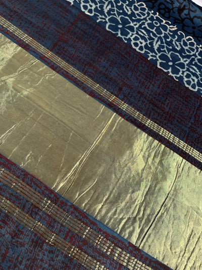 VAANI: Handblock Modal Silk Tissue Ajrakh Saree