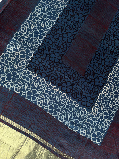 VAANI: Handblock Modal Silk Tissue Ajrakh Saree