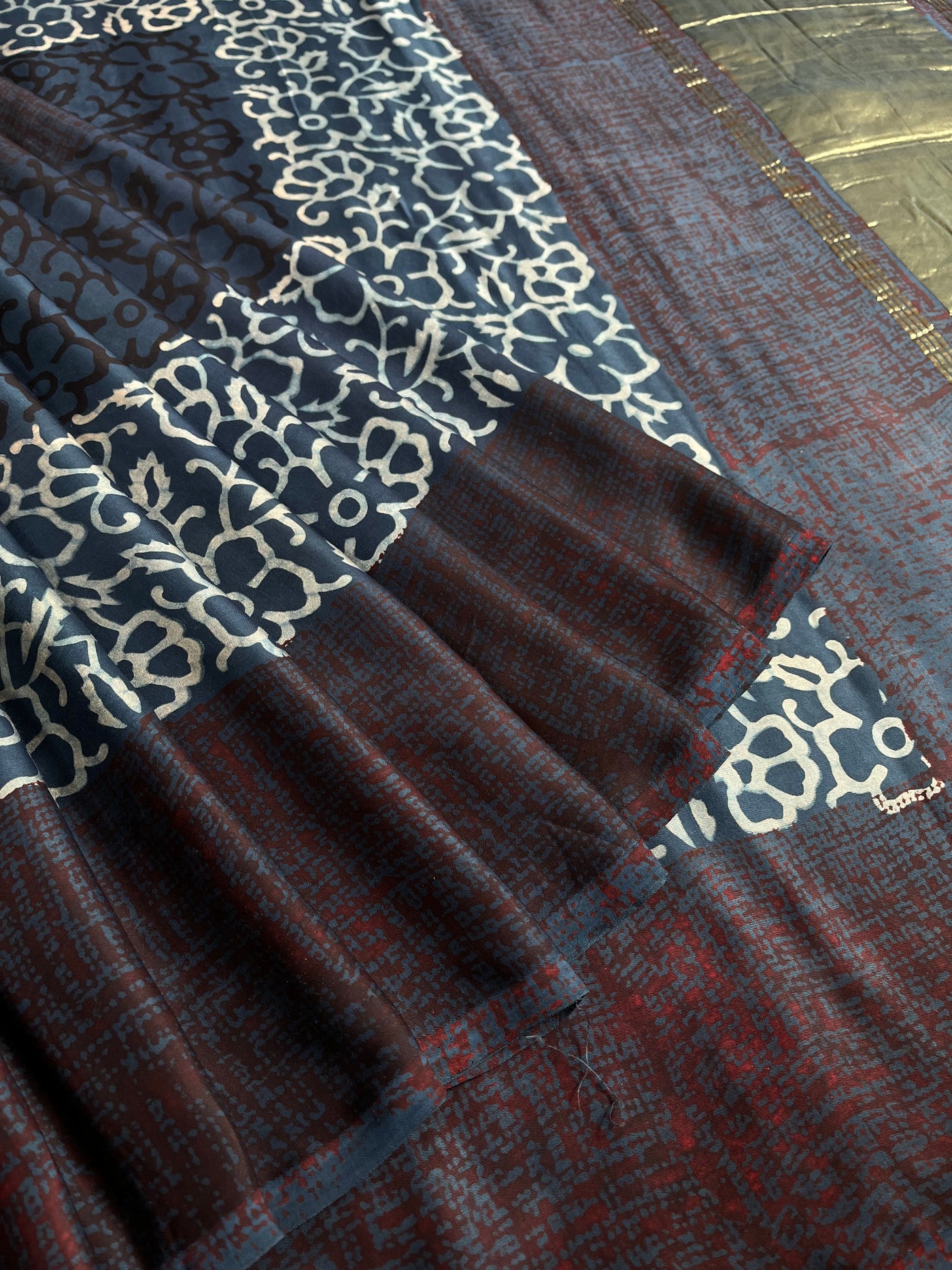 VAANI: Handblock Modal Silk Tissue Ajrakh Saree