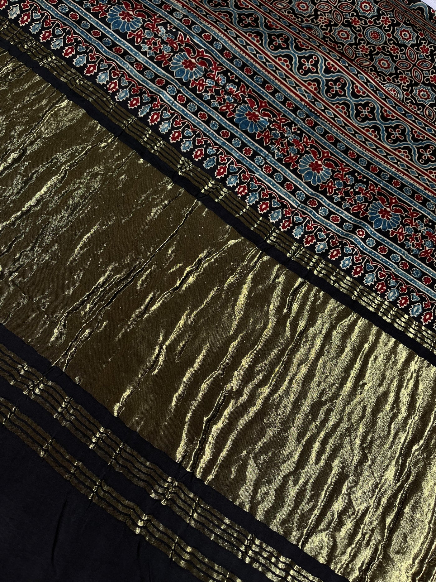 JAISVI: Handblock Modal Silk Tissue Ajrakh Saree