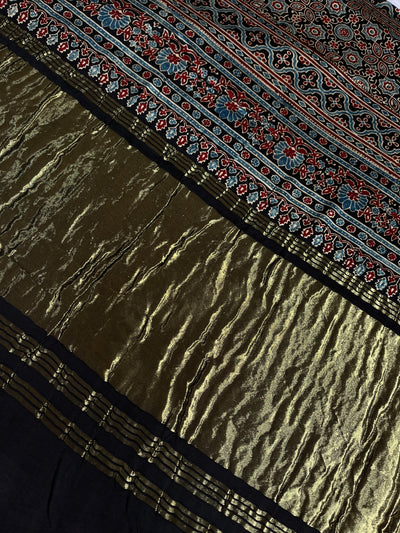 JAISVI: Handblock Modal Silk Tissue Ajrakh Saree