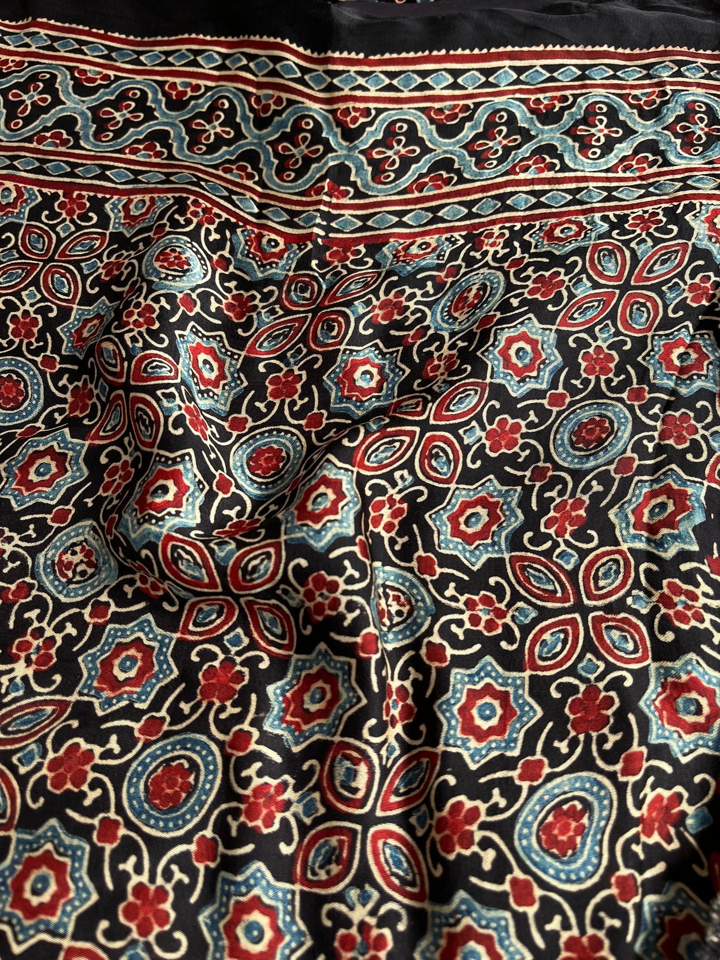 JAISVI: Handblock Modal Silk Tissue Ajrakh Saree