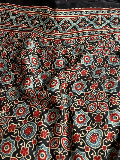 JAISVI: Handblock Modal Silk Tissue Ajrakh Saree