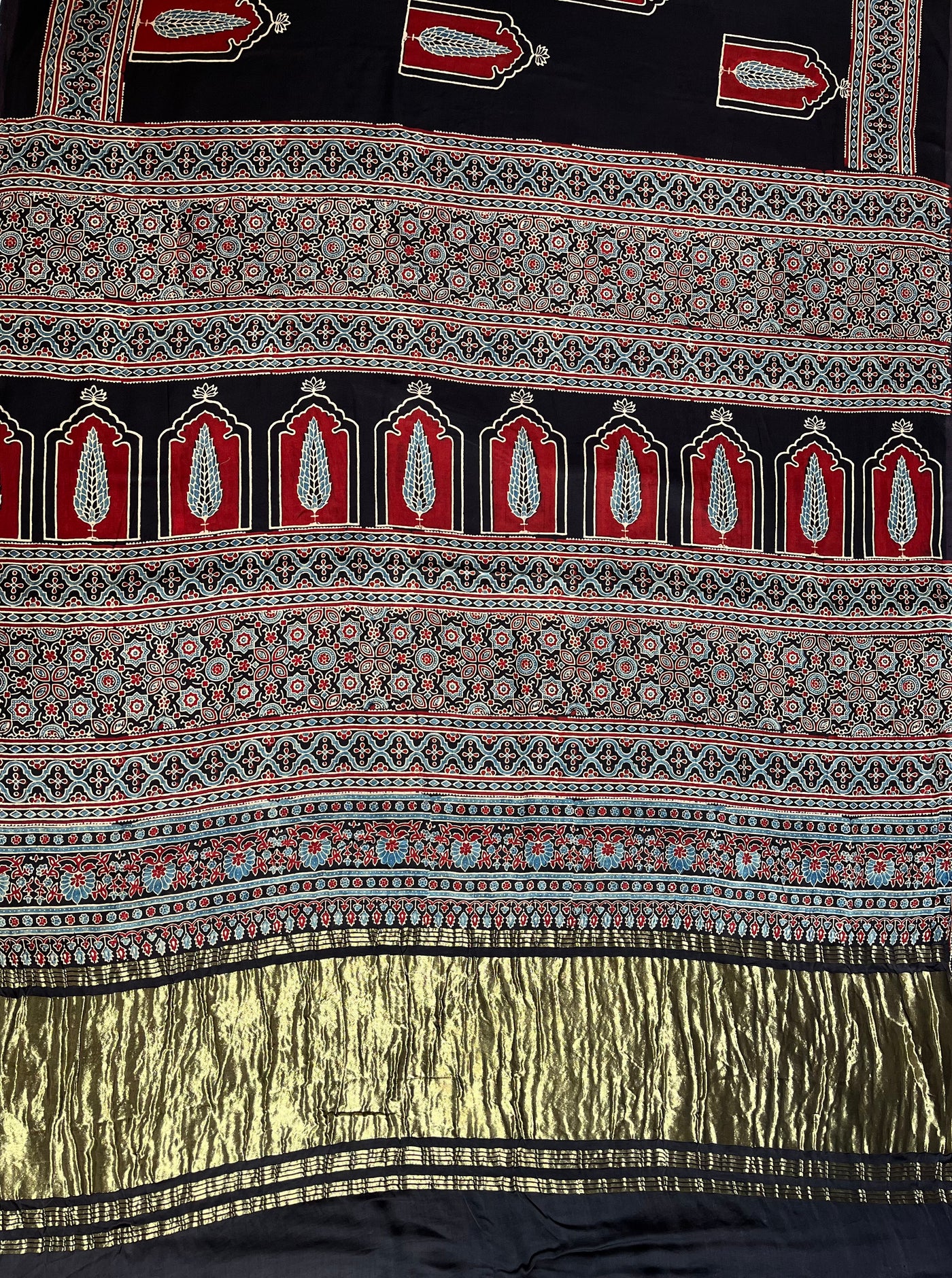 JAISVI: Handblock Modal Silk Tissue Ajrakh Saree