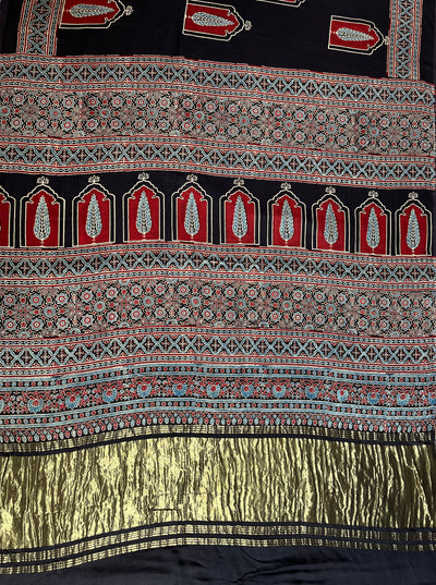 JAISVI: Handblock Modal Silk Tissue Ajrakh Saree
